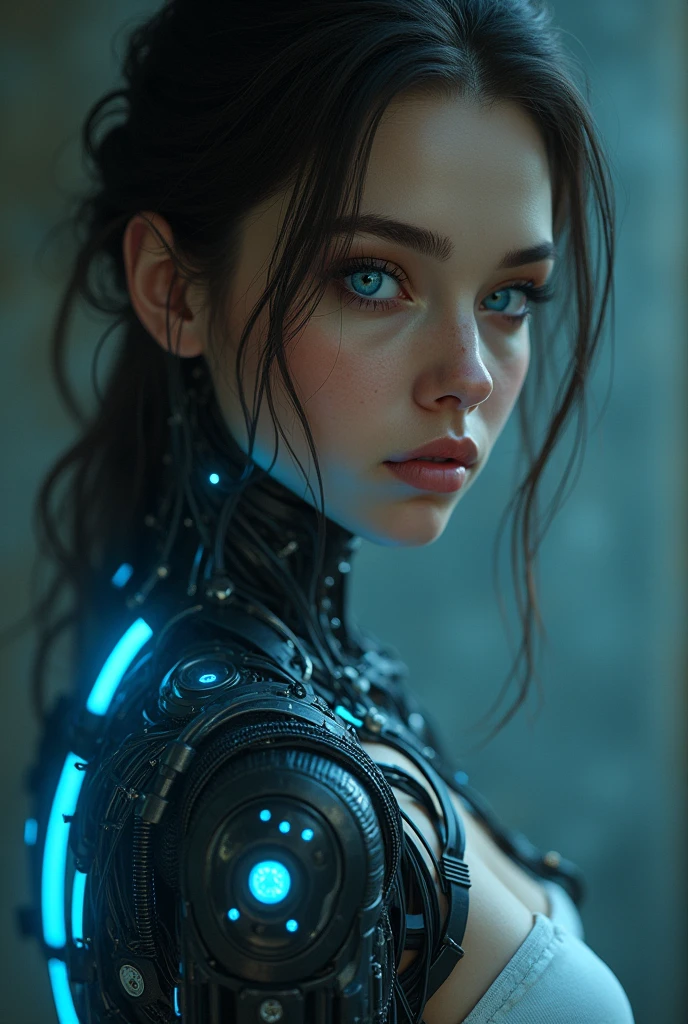 A detailed cyberpunk portrait of a young woman with striking blue eyes, delicate features, and an intricate cybernetic arm, realistic, cinematic lighting, muted color palette, ultra-detailed, 8k, (best quality,4k,8k,highres,masterpiece:1.2),ultra-detailed,(realistic,photorealistic,photo-realistic:1.37),chiaroscuro lighting,intricate cybernetic implants,dramatic shadows,highly detailed skin,glowing blue circuitry,moody atmosphere,cinematic composition