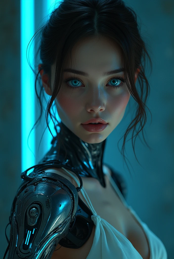 Full face portrait photo of a 23-year-old European girl, RAW, beautiful woman, half-open strawberry lips, dimples, melancholy look, (extra long wavy brown hair), ((detailed face)), ((detailed facial features)), (finely detailed skin), pale skin, (in a deep neckline very detailed sexy cyberpunk futuristic dress made of circuit boards, the cyberpunk environment of the megacity,  neon lights, skyscraper), (shirtless), ((in the gym)), soft natural light, wet skin, cyberpunk megacity environment, (cool colors), moisture, reflections, (masterpiece) (perfect aspect ratio), (realistic photo), (best quality), (detailed) photographed with a Canon EOS R5, 50mm lens, F/2.8, HDR, (8k) (wallpaper) (cinema lighting) (dramatic lighting) (sharp focus) (intricate),  RAW photo, RAW photo, gigachad photo, posing for camera, black jeans, back arms, 8k uhd, DSLR, high quality, film grain, Fujifilm XT3, extremely detailed, photorealistic, realistic, incredibly absurd, highly detailed, sharp focus, (Professional studio lighting), (Professional color grading), Edge lighting, Dramatic lighting, Cinematic lighting, Light reflections, Soft natural lighting, Soft color,  Photon Mapping, Radiosity, (Beautiful Eyes), (Detailed Eyes), (Detailed Face), Symmetrical Eyes, Sharp Eyes, Cold Face, Full Body), (HIGH LEVEL OF DETAIL), (wet, oil lubricated), (athletic body), (sweaty), thin waist, large breasts, (sperm on breasts), high detail skin, uncharacterized texture, hyper detailed, realistic skin texture, armor, best quality, ultra high resolution,  (photorealistic: 1.4) high resolution, detailed, raw photo, sharp re, by Lee Jeffries Nikon D850 film Stock Photography 4 Kodak Portra 400 camera F1.6 Lens rich colors hyper-realistic texture dramatic lighting UnrealEngine trend in Artstation C