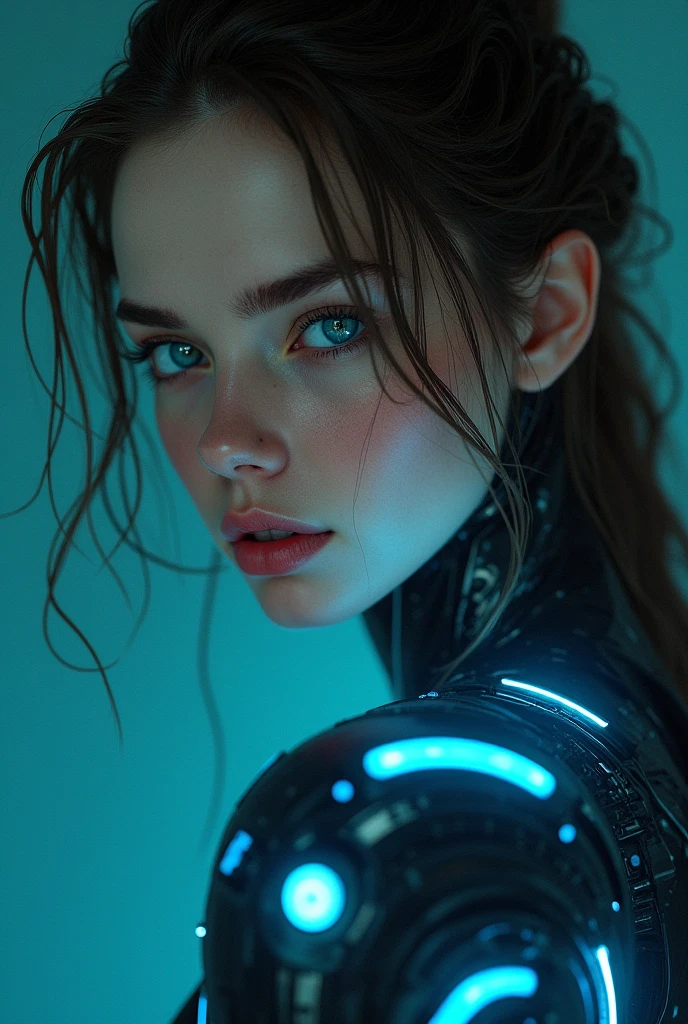 A detailed cyberpunk portrait of a young woman with striking blue eyes, delicate features, and an intricate cybernetic arm, realistic, cinematic lighting, muted color palette, ultra-detailed, 8k, (best quality,4k,8k,highres,masterpiece:1.2),ultra-detailed,(realistic,photorealistic,photo-realistic:1.37),chiaroscuro lighting,intricate cybernetic implants,dramatic shadows,highly detailed skin,glowing blue circuitry,moody atmosphere,cinematic composition