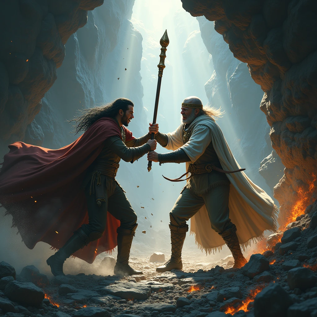 A seeker pushes the king and snatches the wand. The wand crashes to the ground, and the demons and the king scream and disappear. Everything inside the cave is shaking and collapsing.