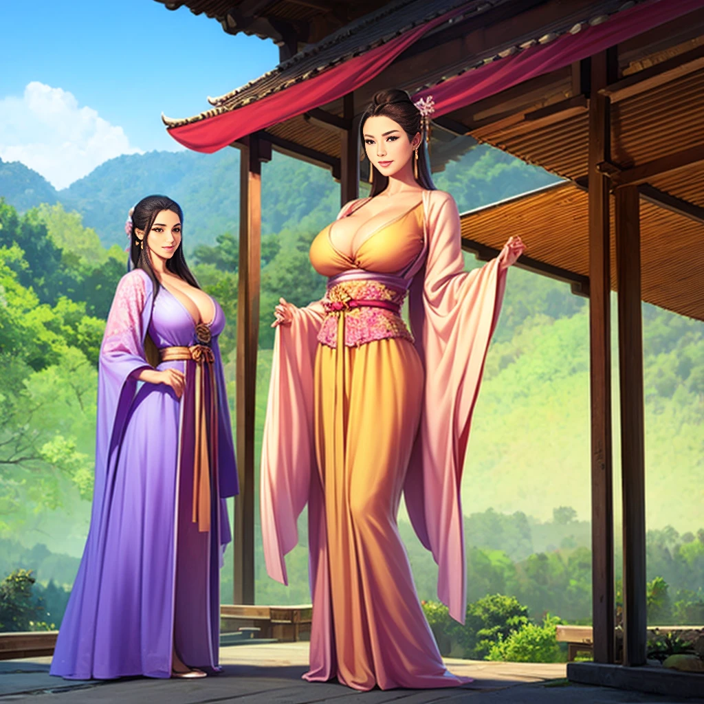 A beautiful girl ,Put on gorgeous Hanfu, Chinese Architecture, Landscape cleavage full body