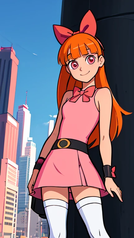 (1girl, (Blossom:1.5)), (extremely detailed CG unit 8k wallpaper),(master part), (best quality), (ultra detail), (best illustration),(kim possible style), cowboy shot, (Sharp eyeliner, ombre, detailed eyes:1), city, outdoors ,Future City Slider, break , upper body, smile,(orange hair, blunt bangs, pink eyes:1.2), (hair bow, red bow, simple pink dress, simple black belt, white thighhighs:1.2),(shy pose:1.2), (solo, one person, one subject:1.5),  