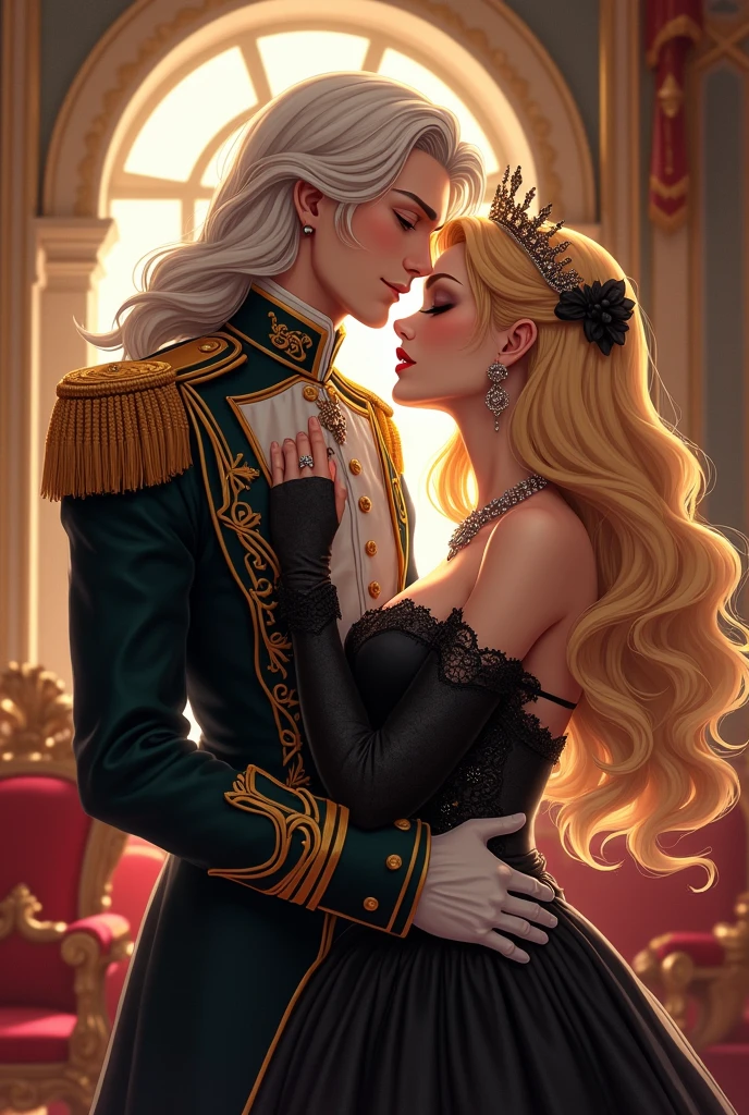 I would like to get an anime-style image of a couple consisting of a man with long platinum hair wearing an antique long military uniform, he kisses on the forehead an incredibly curvy young femme fatale with long golden hair, dressed in a luxurious black and gold dress, tiara, jewelry.