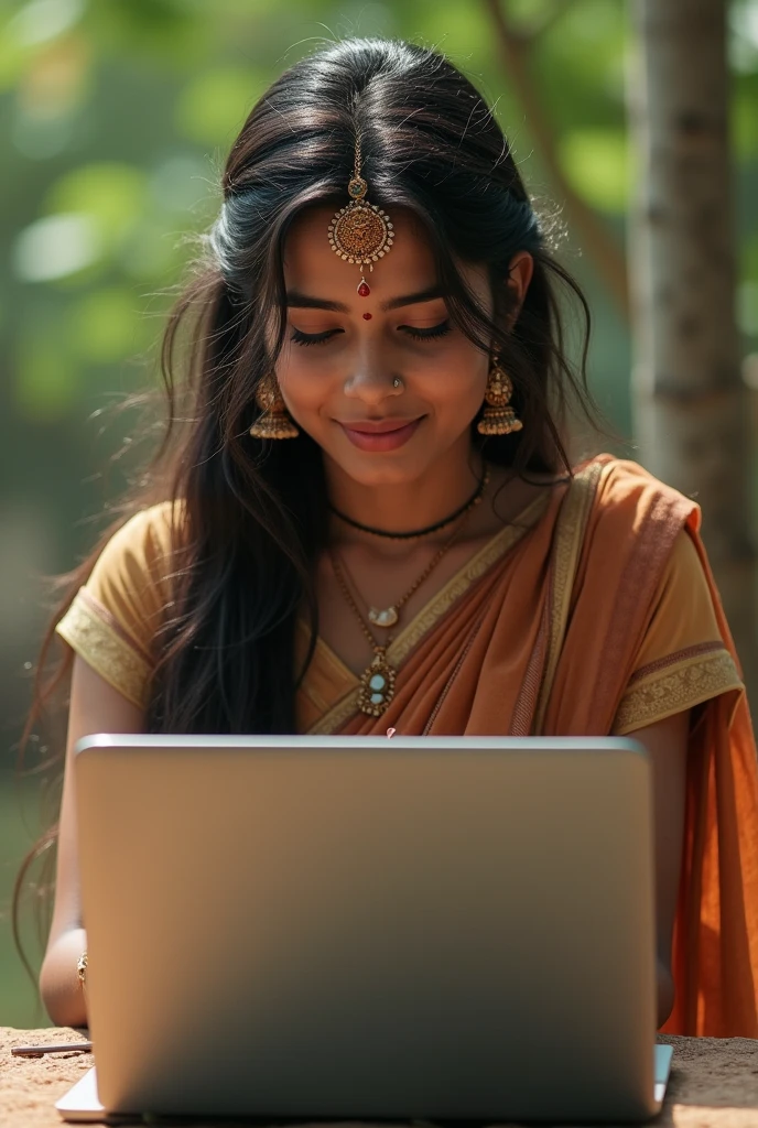 Local Beautiful Girl like actual human body
Long hair
Sanskari
Bindi
Jewellary
Working on laptop
But its like natural human body working