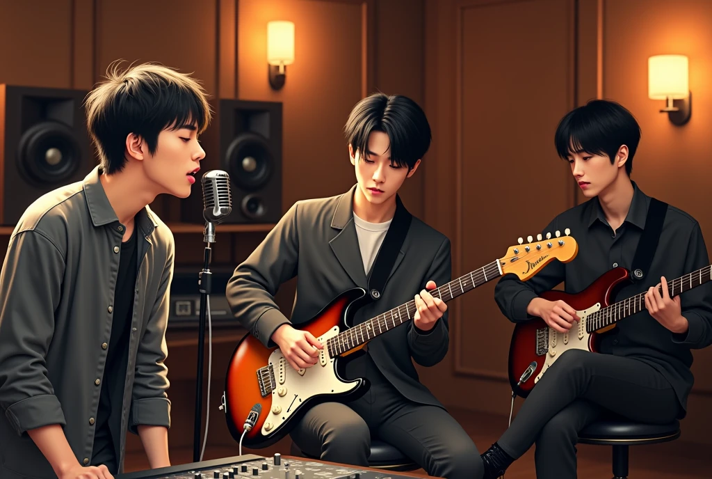 Three handsome Korean male band members are in a professional recording studio, each deeply focused on recording a song. The first member is standing in front of a microphone with headphones on, passionately singing into it. He has styled dark hair and is wearing a casual but stylish outfit. The second member, with a slightly wavy hairstyle, is seated at a mixing console, adjusting the sound levels with a serious expression. The third member, with short, sleek hair, is playing an electric guitar while sitting on a stool, lost in the music. The studio has modern equipment, acoustic panels, and warm lighting that creates an intimate atmosphere, highlighting the creative energy of the session.