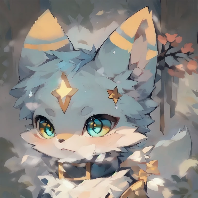 Little Fox,Blue Hair,Golden pupils,pattern,There is a four-pointed star symbol on the forehead,Lovely,eyes yes