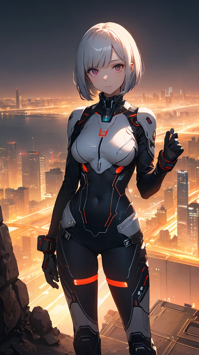 ((best quality)), ((masterpiece)), (detailed), A futuristic female android in a sci-fi movie setting on Mars. She has a white bob-cut hairstyle and wears a high-tech bodysuit with various advanced functionalities. The backdrop is a massive city on Mars, full of towering skyscrapers and glowing neon lights. The scene is set at night, with a dark sky contrasting with the vibrant city lights. The android stands confidently, her face displaying a neutral expression with a hint of mystery. The atmosphere is a mix of high-tech innovation and gritty realism, capturing the essence of human colonization on Mars.