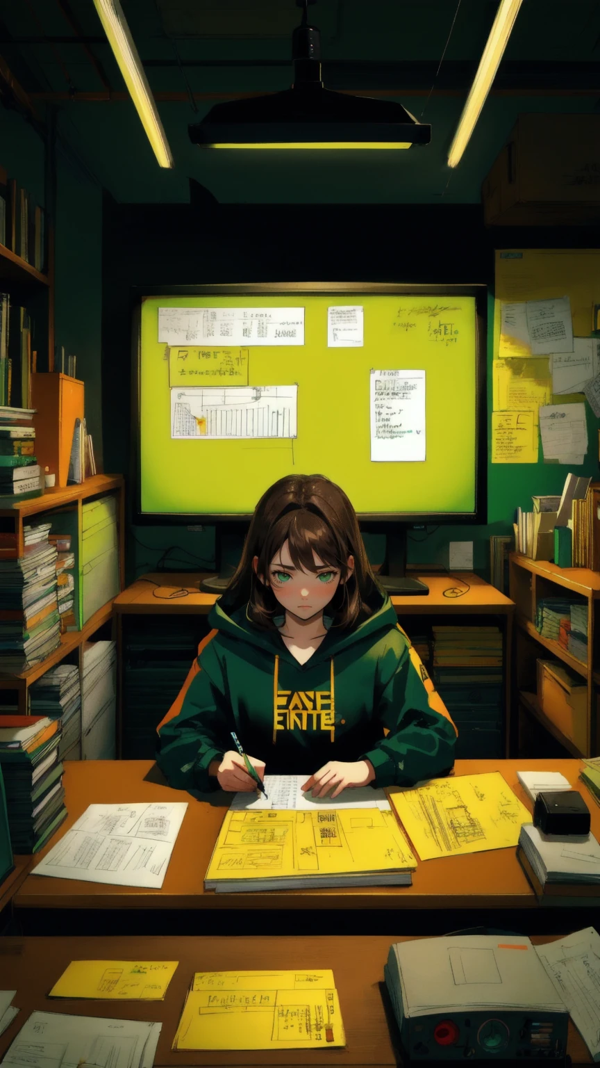 A cute anime girl with messy brown hair and a short beard sits hunched over a cluttered desk in a dimly lit office. She wears an orange hoodie and stares intently at an old CRT monitor. The desk is covered in papers, books, and office supplies. Above, green shelves are packed with folders, computer towers, and tech equipment. A bright yellow banner hangs prominently, reading 'DYOR or Die' in black hand-drawn letters. The entire scene is rendered in shades of green and yellow, creating a monochromatic, almost oppressive atmosphere. The art style is detailed and gritty, like a comic book illustration. The background is filled with sticky notes, charts, and cryptic scribbles. A fluorescent light fixture is visible at the top of the image. The overall mood is one of intense focus and information overload.