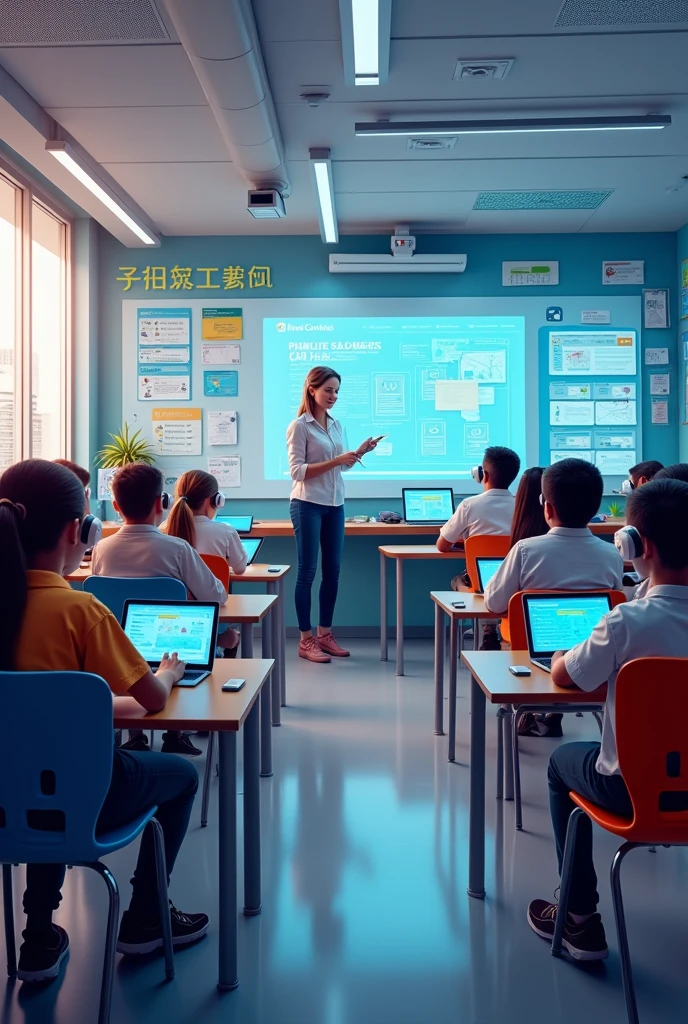 Picture a classroom with a smartboard for interactive lessons, students using tablets or laptops, flexible areas for different activities, and a VR corner for immersive learning. The teacher’s desk features a computer to track progress and give personalized feedback. This setup blends technology with traditional teaching to boost engagement and effectiveness.