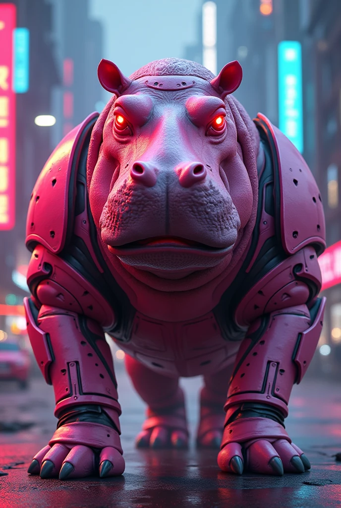 A pink hippo with pink body armer with neon city red eyes pookie