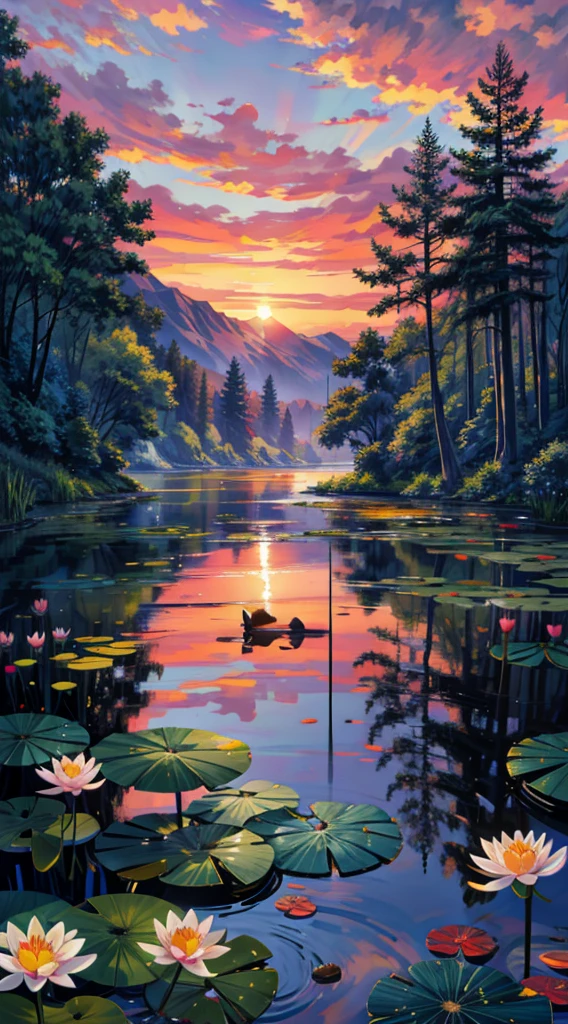 a painting of a sunset over a lake with lily pads, floral sunset, beautiful lake background, anime nature, nature wallpaper, lotus flowers on the water, anime nature wallpap, beautiful lake, lake background, summer lake setting, anime scenery, nature background, nature painting, by Edward Okuń, dream scenery art, gorgeous painting, beautiful digital artwork, serene colors, 4k hd,, beautiful art uhd 4 k, a beautiful artwork illustration, beautiful digital painting, highly detailed digital painting, beautiful digital artwork, detailed painting 4 k, very detailed digital painting, rich picturesque colors, gorgeous digital painting