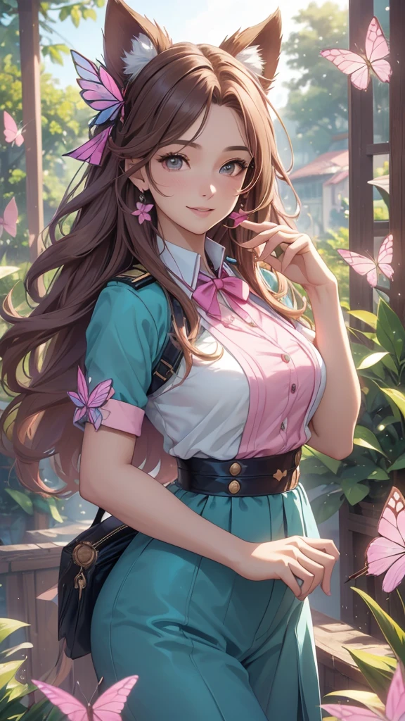 (best quality,4k,8k,highres,masterpiece:1.2),ultra-detailed,(realistic,photorealistic,photo-realistic:1.37),acrylic painting,beautiful Brazilian model in a uniform outfit with downy hair,beautiful Brazilian model with extremely colorful brown hair and detailed facial features,beautiful Brazilian model standing in a beautiful garden sakura flowers, long hair,cat ears, hair bows, teal and pink uniform outfits, smile, happy face,light  brown  hair,butterflies, brown eyes,  mature woman, older woman, 30 year old, adult woman. Older lady, posing,Solo, teal and pink butterflies 