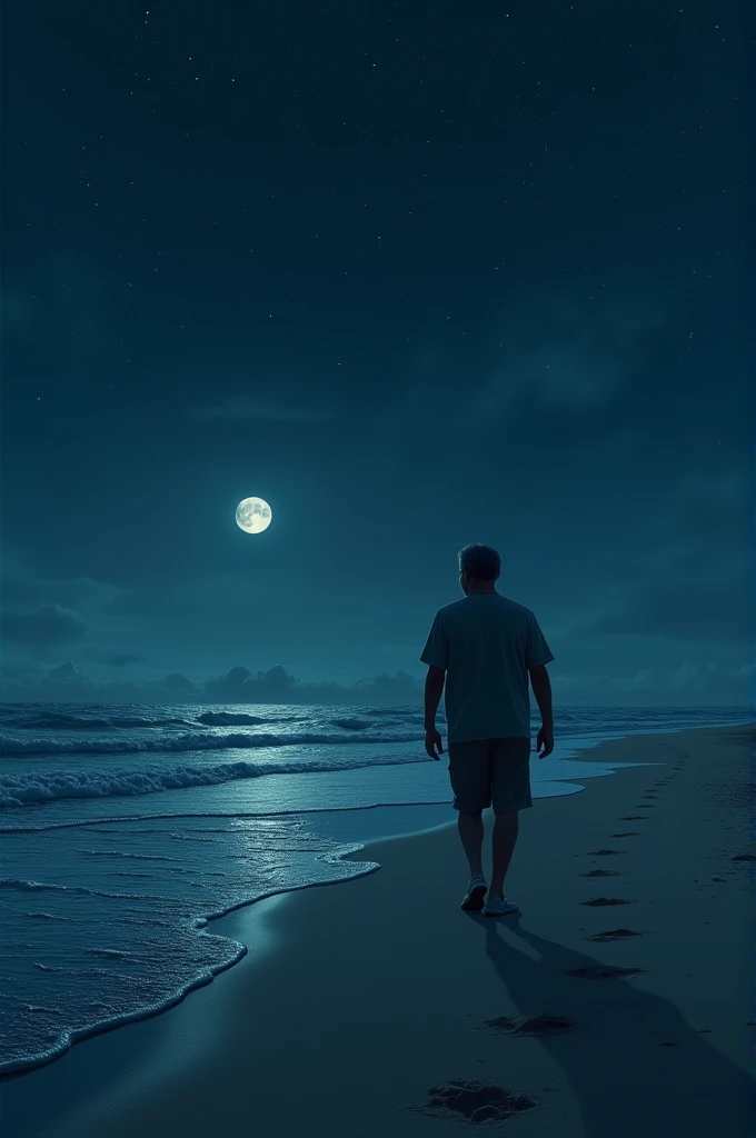 Create a man walking on the beach at night 