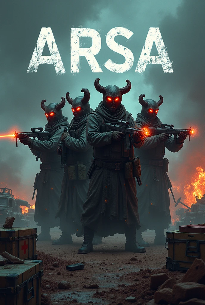 Generate a logo having 4 soldiers dressed as demons and holding advance glowing guns. In the background written "ARSA" in denon font and dark colours. Overall view of image is in battlefield. There are cars, ammunition, medkit and death crate around. All 4 soldiers look different and hold advance guns. There are 4 soldiers. Ratio of image should be 1:1