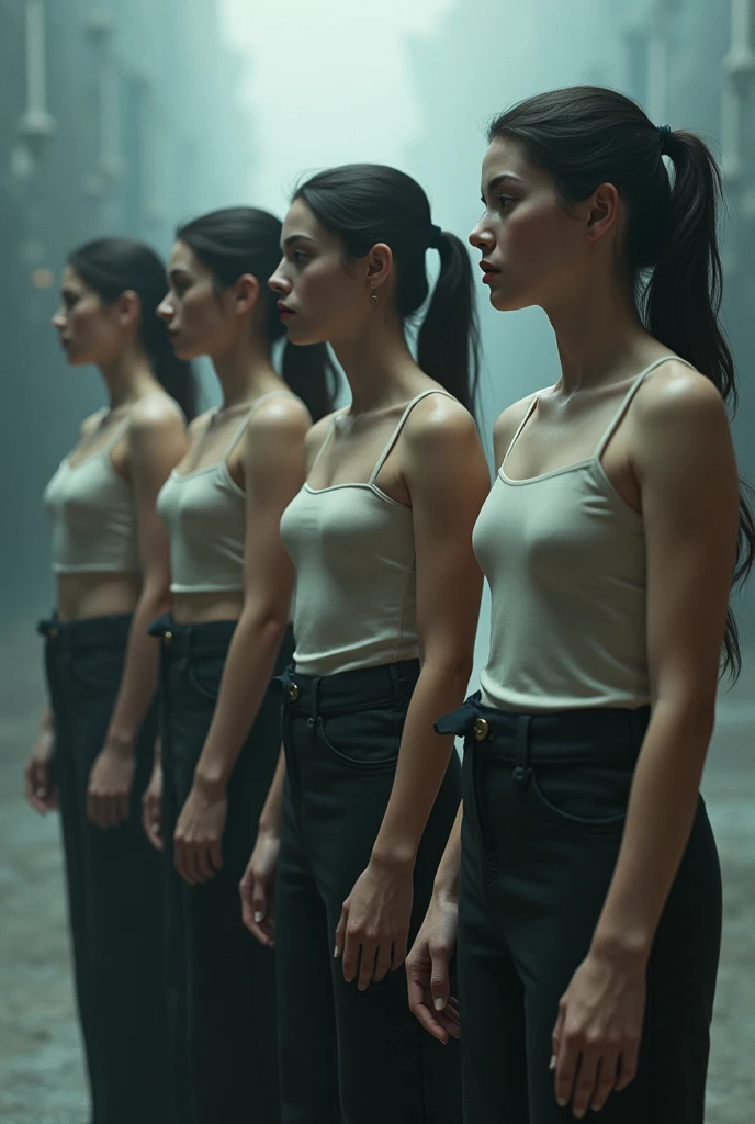 (((cloned face)))
(((similar identical twins)))
All the girls have the exact same face, The two have the same face and figure, as if they were mirror images