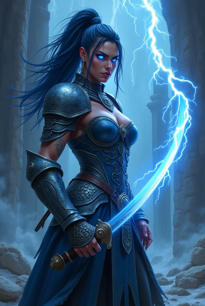 Aletta Ocean, angry evil beautiful and muscular, Nordic female, towering storm Giantess with blue black hair in a ponytail, older and mature woman, throwing a lightning ball, celtic glowing tattoos, wearing nordic steel runic plate mail Armour , temple cave background with lightning storm, glowing blue eyes, square jaw, powerful and imposing, winter clothing, pale blue purple skin, ((full plate celtic dragon armour)), nordic tattoos, fit bodybuilder, facing the camera , ultra detailed, looking outraged