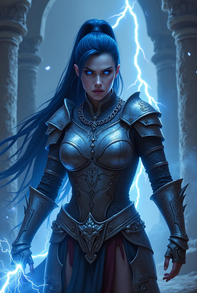 Aletta Ocean, angry evil beautiful and muscular, Nordic female, towering storm Giantess with blue black hair in a ponytail, older and mature woman, throwing a lightning ball, celtic glowing tattoos, wearing nordic steel runic plate mail Armour , temple cave background with lightning storm, glowing blue eyes, square jaw, powerful and imposing, winter clothing, pale blue purple skin, ((full plate celtic dragon armour)), nordic tattoos, fit bodybuilder, facing the camera , ultra detailed, looking outraged