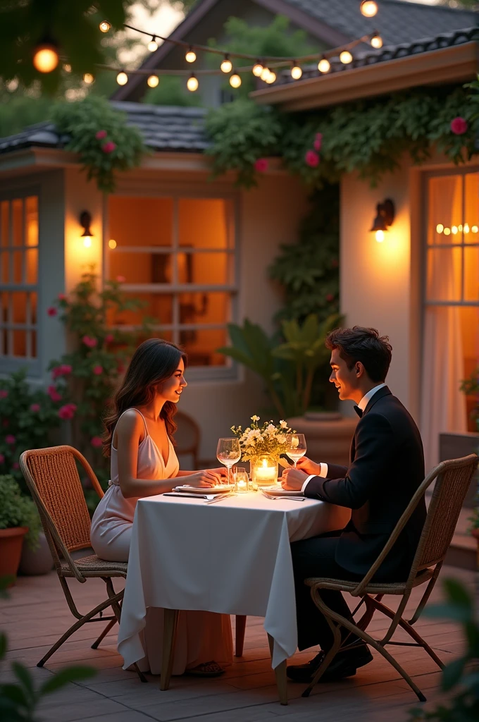 Romantic dinner table set for a couple on a balcony/backyard of a house