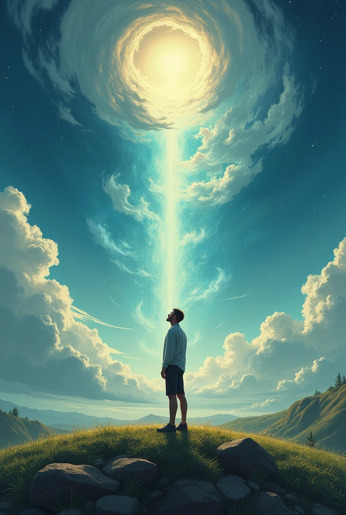 A man stands on the earth and looks at the sky and the earth is and