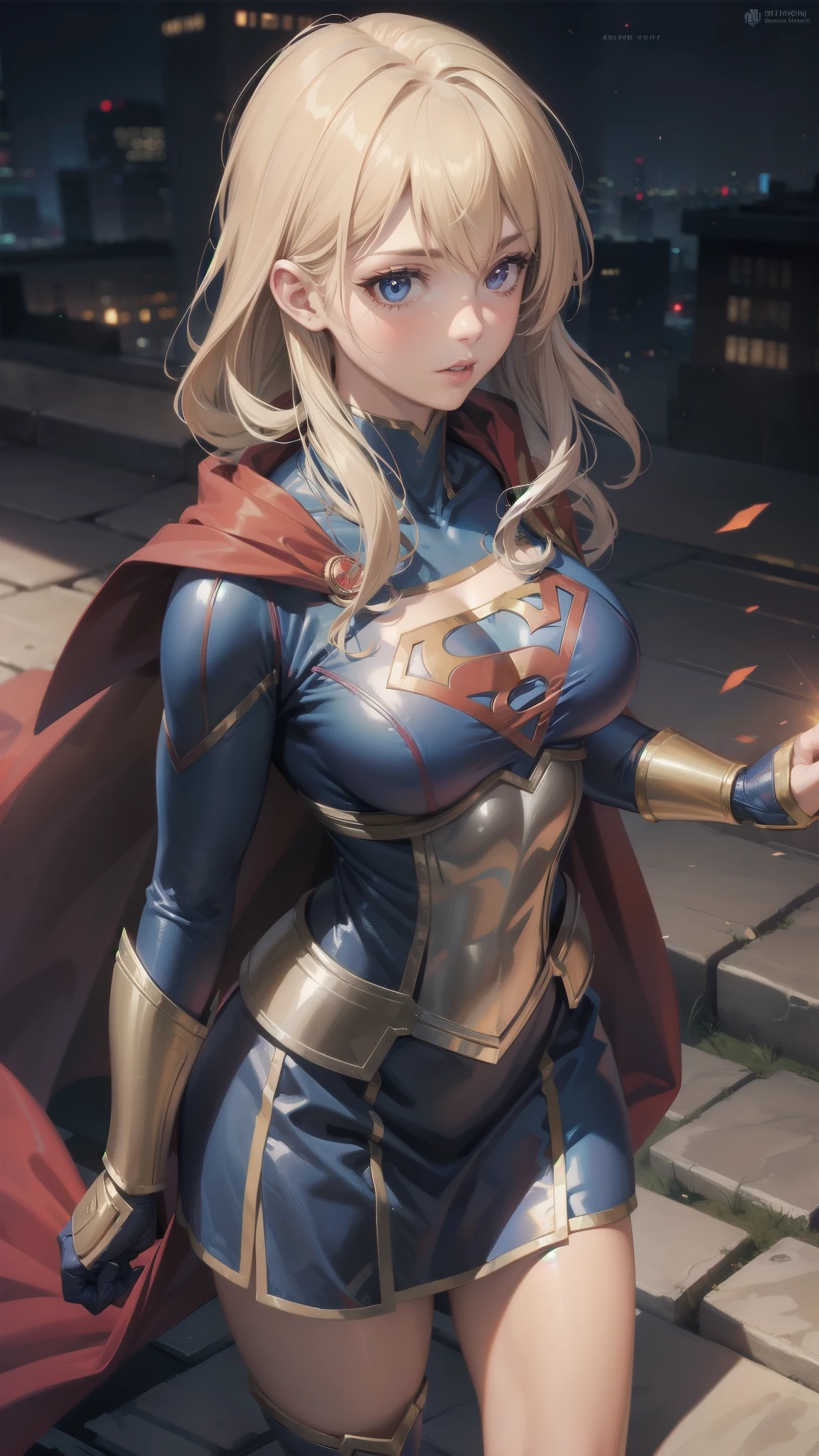 female, solo, ambient lighting, supergirl, cape, gauntlets, muscular, large breasts, lips