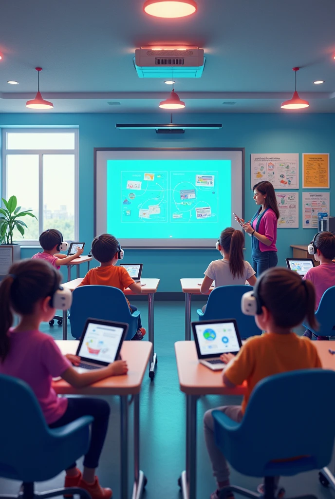 Picture a classroom with a smartboard for interactive lessons, students using tablets or laptops, flexible areas for different activities, and a VR corner for immersive learning. The teacher’s desk features a computer to track progress and give personalized feedback. This setup blends technology with traditional teaching to boost engagement and effectiveness.