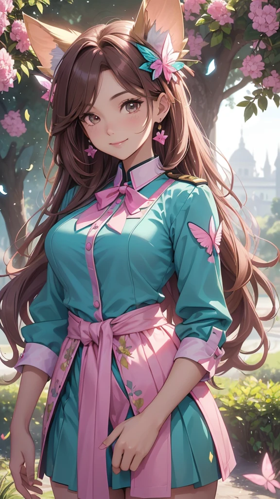 (best quality,4k,8k,highres,masterpiece:1.2),ultra-detailed,(realistic,photorealistic,photo-realistic:1.37),acrylic painting,beautiful Brazilian model in a uniform outfit with downy hair,beautiful Brazilian model with extremely colorful brown hair and detailed facial features,beautiful Brazilian model standing in a beautiful garden sakura flowers, long hair,cat ears, hair bows, teal and pink uniform outfits, smile, happy face,light brown hair,butterflies, brown eyes, mature woman, older woman, 30 year old, adult woman. Older lady, posing,Solo, teal and pink butterflies