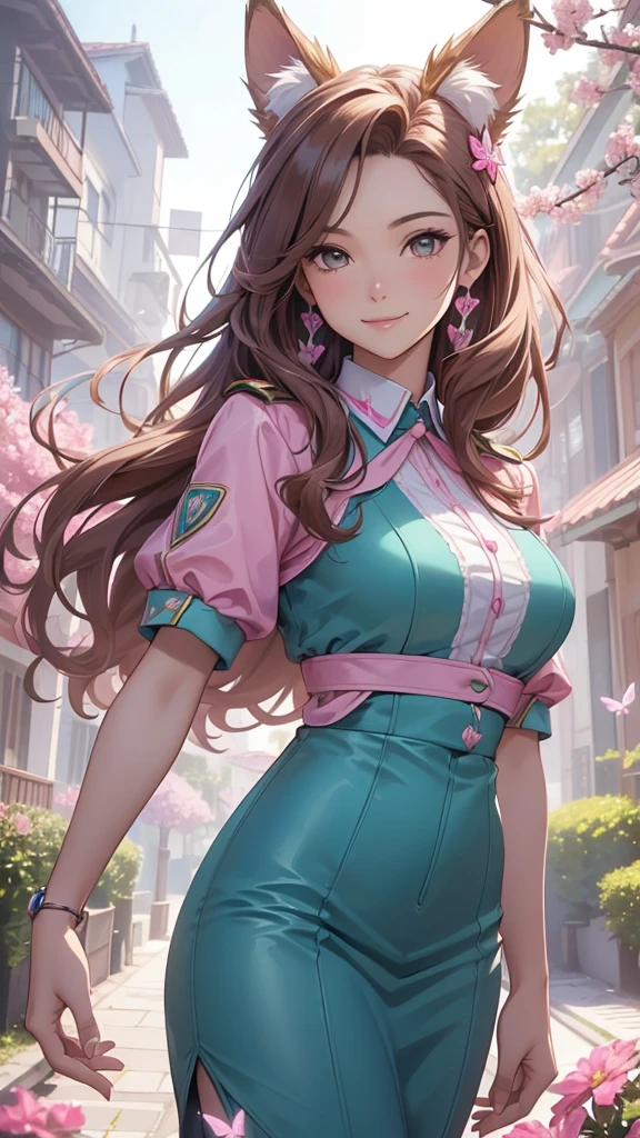 (best quality,4k,8k,highres,masterpiece:1.2),ultra-detailed,(realistic,photorealistic,photo-realistic:1.37),acrylic painting,beautiful Brazilian model in a uniform outfit with downy hair,beautiful Brazilian model with extremely colorful brown hair and detailed facial features,beautiful Brazilian model standing in a beautiful garden sakura flowers, long hair,cat ears, hair bows, teal and pink uniform outfits, smile, happy face,light brown hair,butterflies, brown eyes, mature woman, older woman, 30 year old, adult woman. Older lady, posing,Solo, teal and pink butterflies