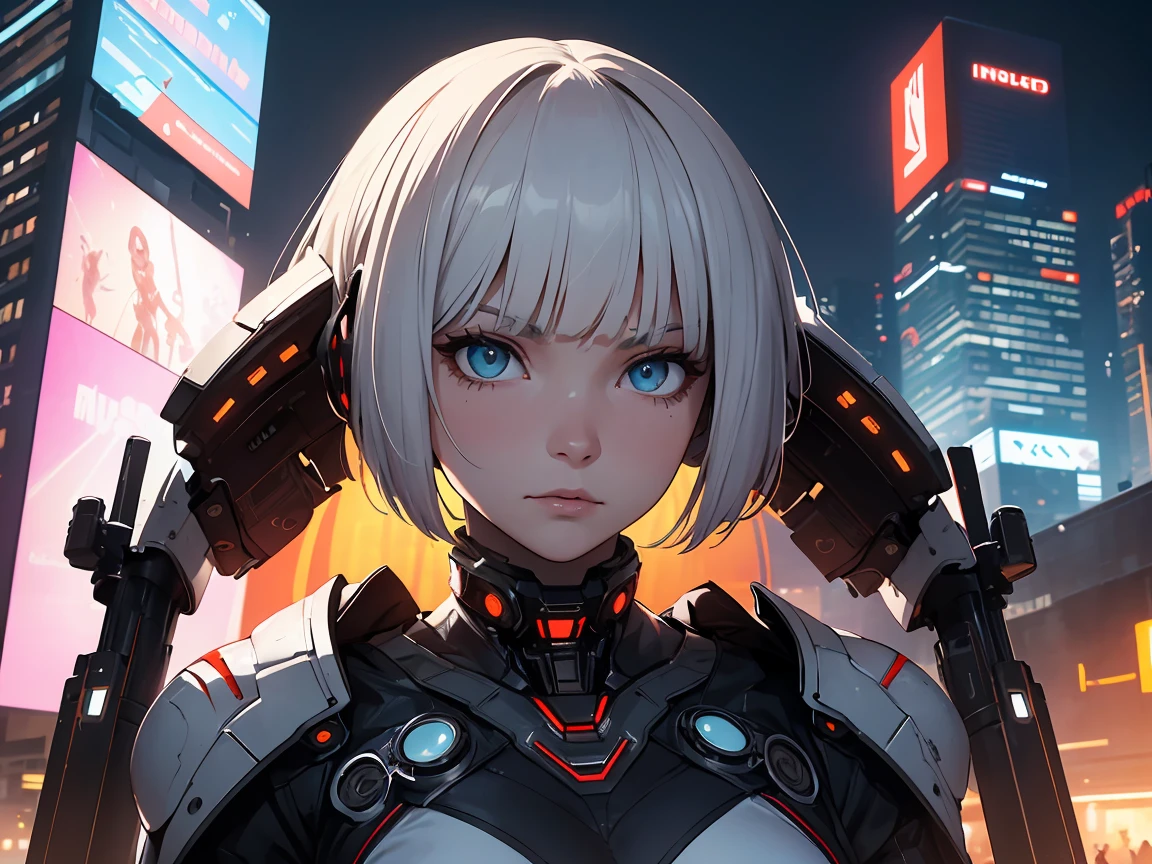 ((best quality)), ((masterpiece)), (detailed), A futuristic female android in a sci-fi movie setting on Mars. She has a white bob-cut hairstyle and wears a high-tech bodysuit with various advanced functionalities. The backdrop is a massive city on Mars, full of towering skyscrapers and glowing neon lights. The scene is set at night, with a dark sky contrasting with the vibrant city lights. The android stands confidently, her face displaying a neutral expression with a hint of mystery. The atmosphere is a mix of high-tech innovation and gritty realism, capturing the essence of human colonization on Mars.