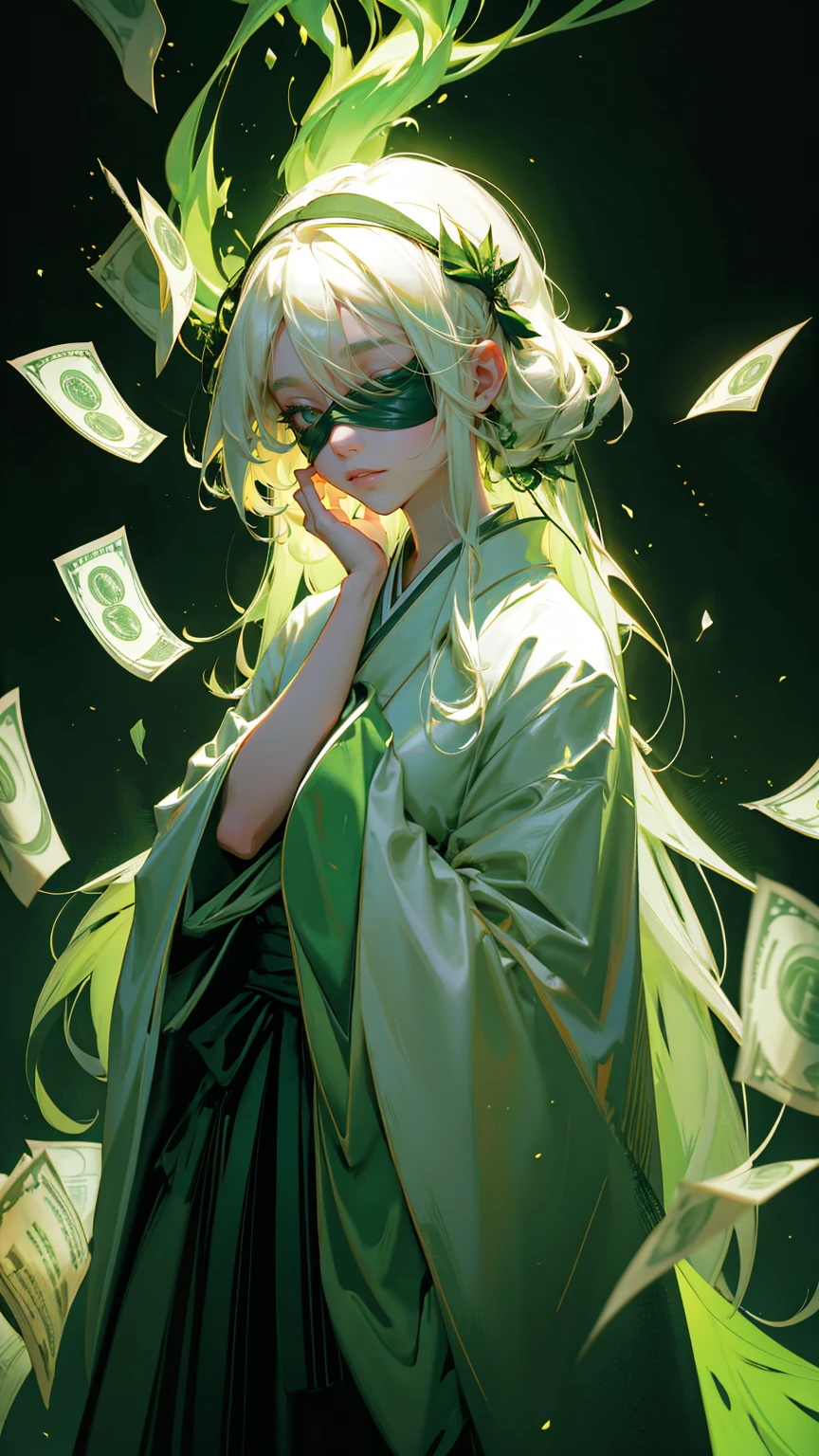 A beautiful girl with long white hair, partially covering her face, wearing a green kimono-style outfit with a dark green robe. Her eyes are covered by a green blindfold, and she confidently holds it with one hand, adding a mysterious aura to her look. The background is filled with floating green-colored dollar bills, creating a sense of wealth and mystery. Everything in the scene, including her attire and the atmosphere, should be dominated by different shades of green, with soft lighting and a green hue to create a monochromatic, immersive effect." everything green