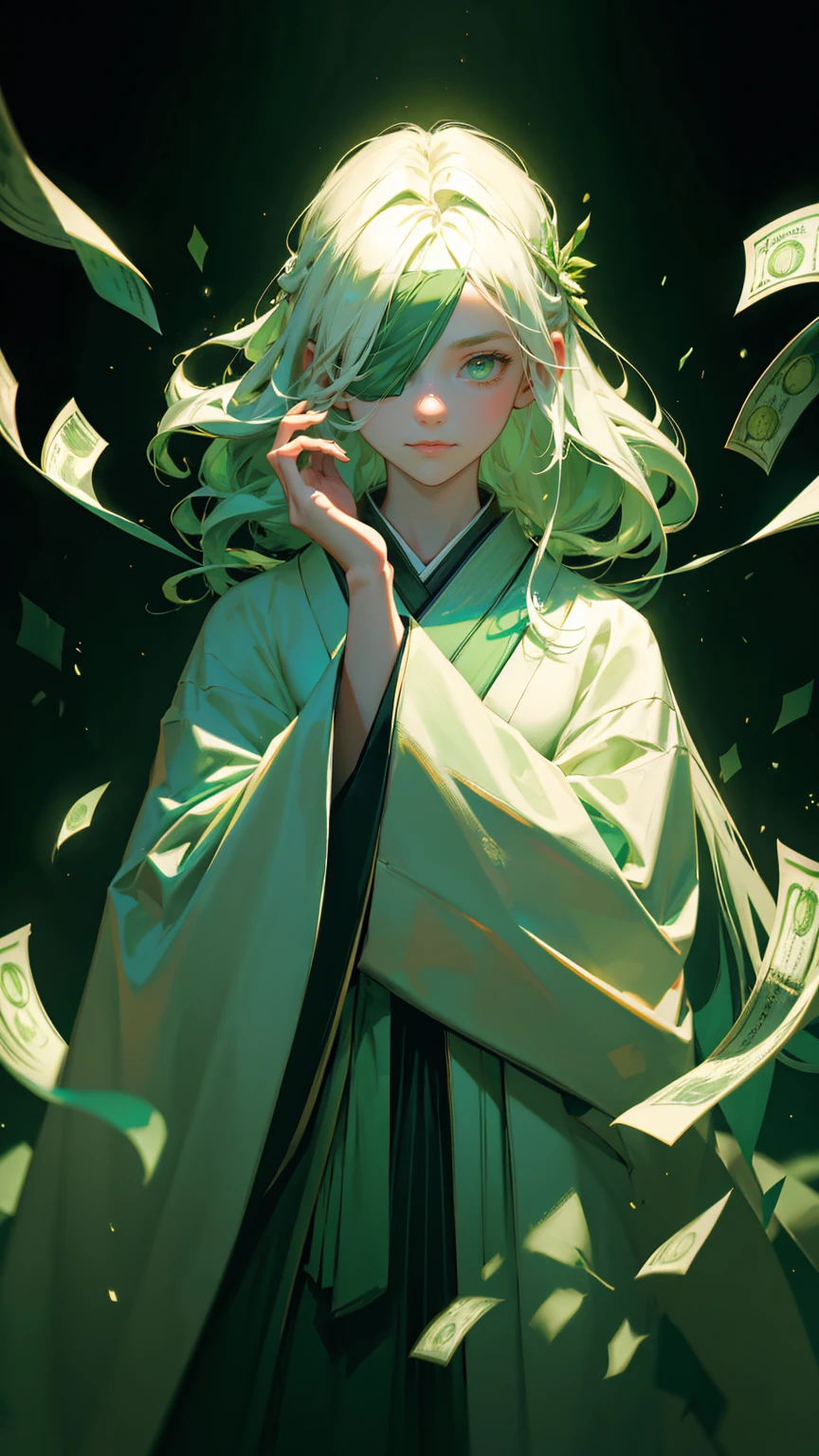 A beautiful girl with long white hair, partially covering her face, wearing a green kimono-style outfit with a dark green robe. Her eyes are covered by a green blindfold, and she confidently holds it with one hand, adding a mysterious aura to her look. The background is filled with floating green-colored dollar bills, creating a sense of wealth and mystery. Everything in the scene, including her attire and the atmosphere, should be dominated by different shades of green, with soft lighting and a green hue to create a monochromatic, immersive effect." everything green 