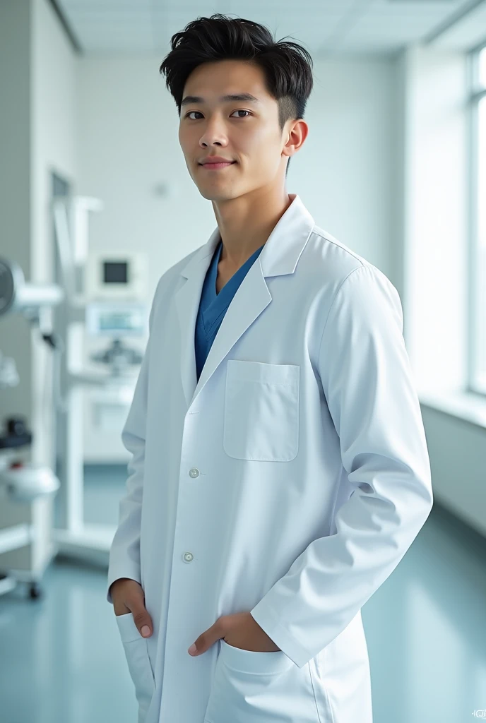 A tall, thin 20-year-old boy , handsome with square face and doctor&#39;s uniform