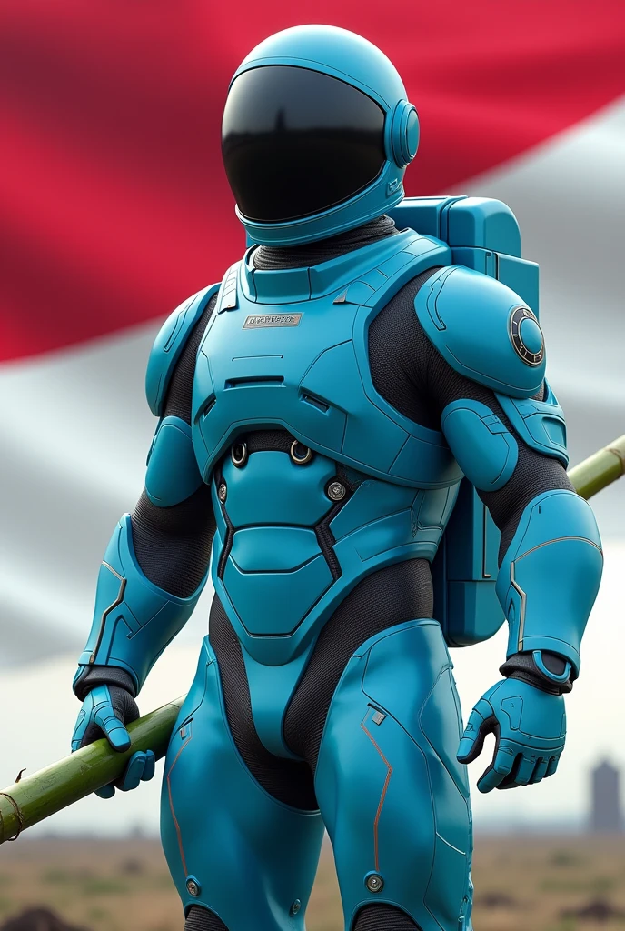 cyan colored male astronaut with a sharpened bamboo stick in his right hand with the Indonesian flag and black helmet full body