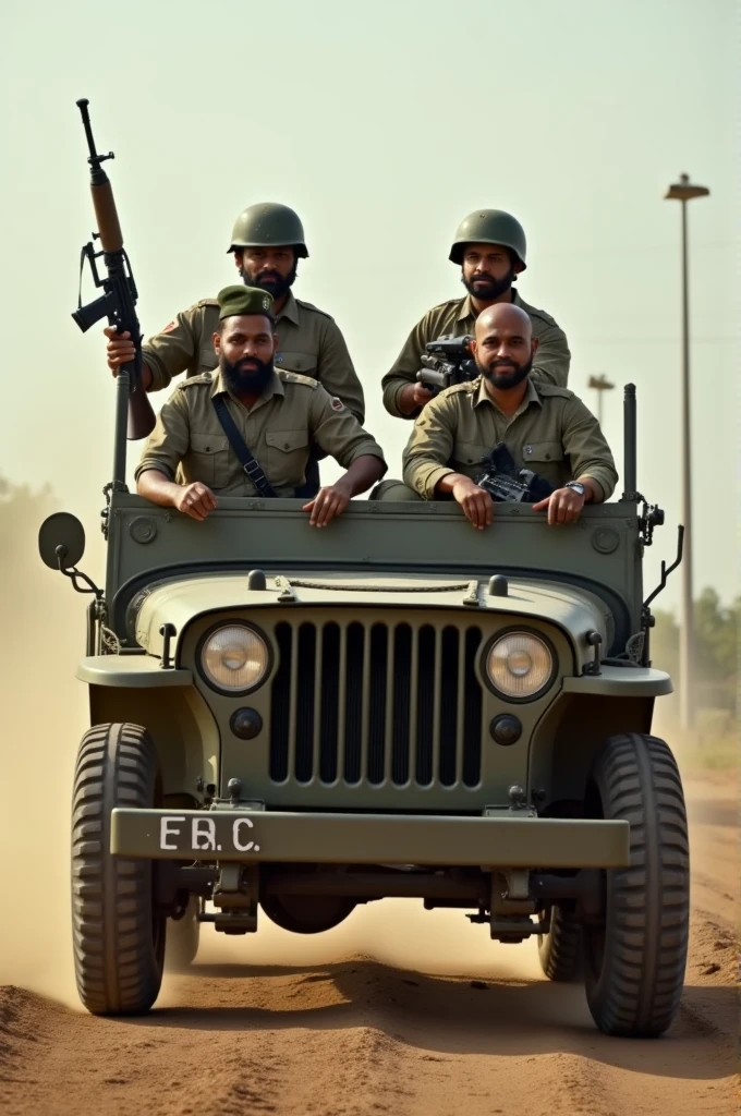 Indian army 3 people on a jeep with the weapon