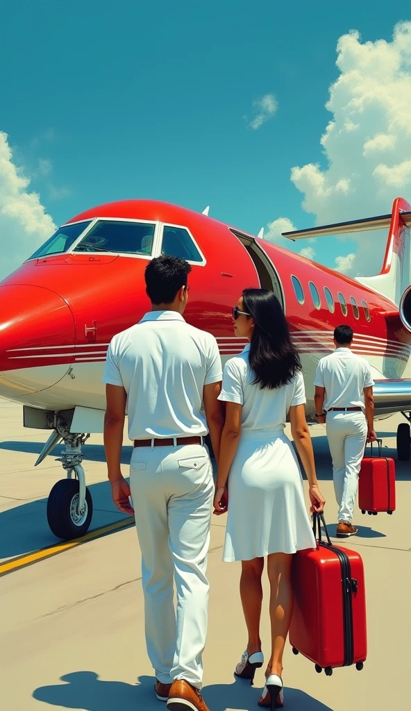 A handsome young man with a Javanese Indonesian face, slightly fat in a white polo t-shirt and a beautiful Indonesian woman in a white polo t-shirt, walked towards a red private jet with white stripes parked on the runway. followed by two assistants carrying suitcases, against a blue sky in the style of an oil painting