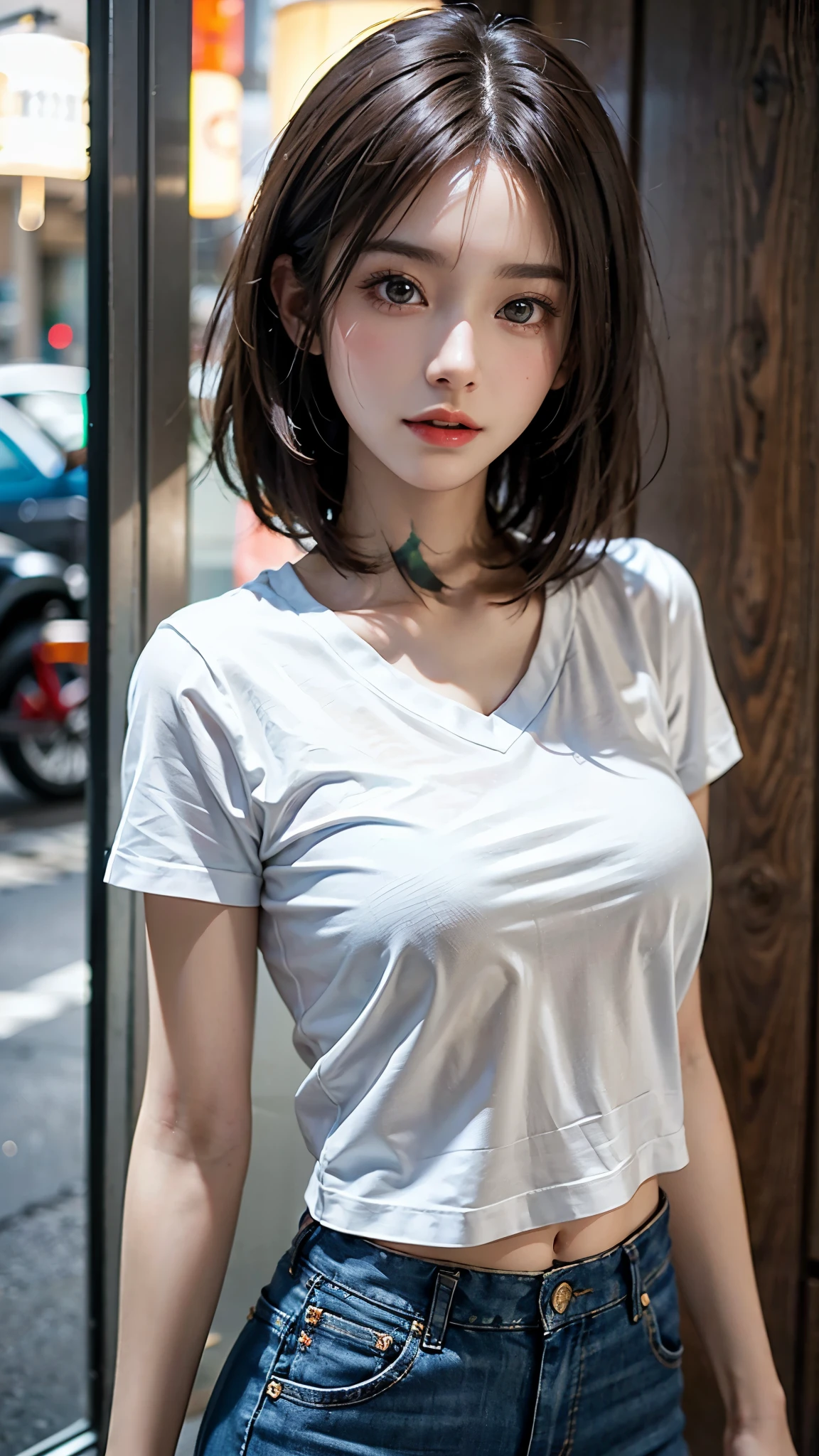 Photorealistic、Masseter muscle area、Highest quality、High resolution、RAW Photos、Realistic、Bright lighting、Face Light、Smooth Professional Lighting、Japanese women、 Lady、Beautiful woman、Modeled、gravure、Sexy、so beautiful、Realisticで美しい肌、Beautiful and detailed、Detailed face、slim、Medium large breasts、Short Medium Hair、Brunette color hair、The eyes are brown、Lift up your skirt、I can see your pants、T-Shirts