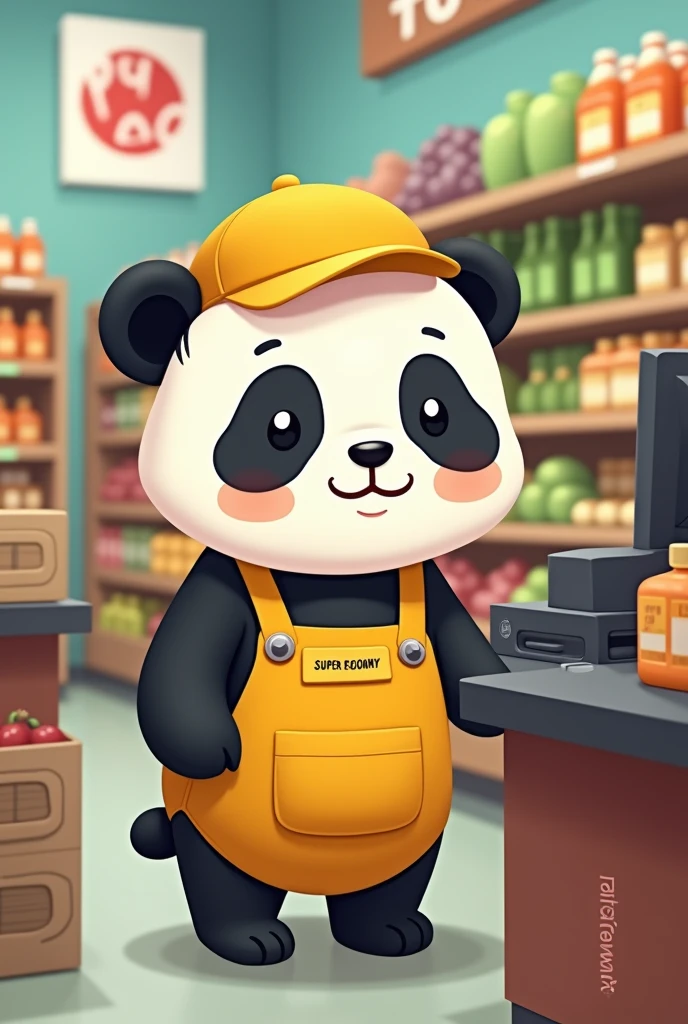 Little Panda Bear, with yellow uniform, with super economy name, drawning. At the checkout of a supermarket.
