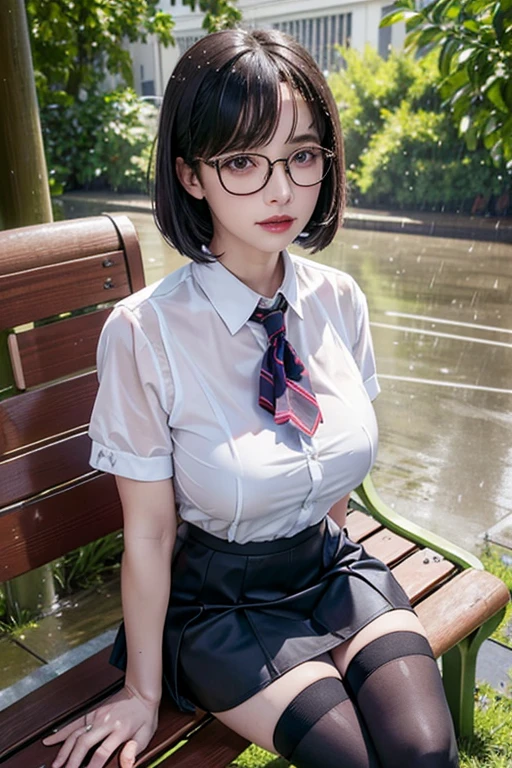 Realistic, High resolution, 1 female, Mature Woman, alone, Hip Up, Viewer Display, (Detailed face), (Short Bob)、(Glasses)、school uniform, mini skirt、Tight waist、Ample breasts、(Over the knee socks)、Sit on a bench、(Blouse wet in the rain)、(Girl in the rain)、bus stop、Rain、(Dark Sky)、(Dark Background)、