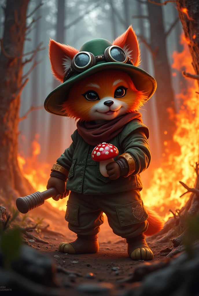 League of Legends character, teemo, holding a mushroom, with a burning forest in the background, smiling, HD, realist
