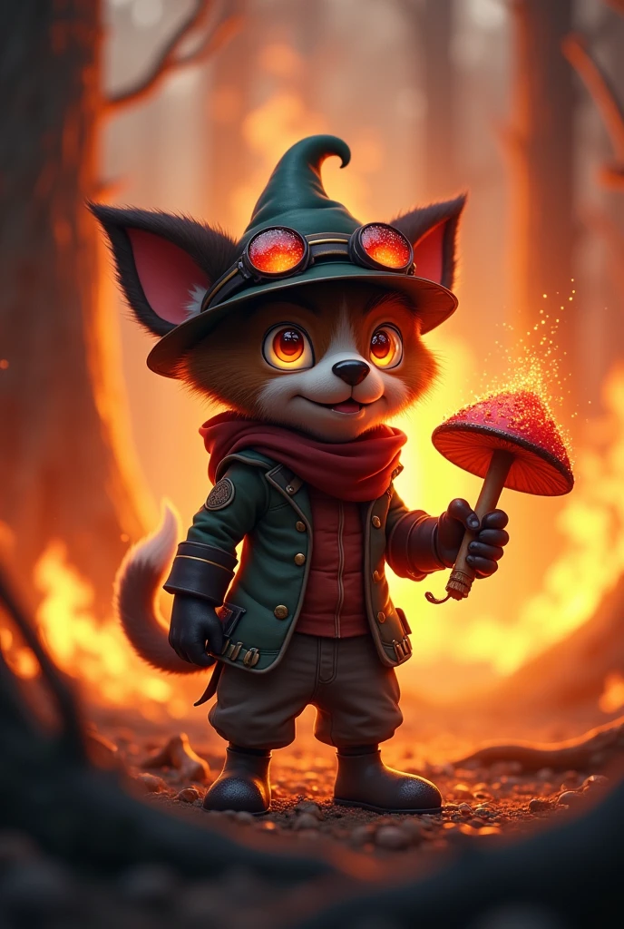 League of Legends character, teemo, holding a mushroom, with a burning forest in the background, smiling, HD, realist
