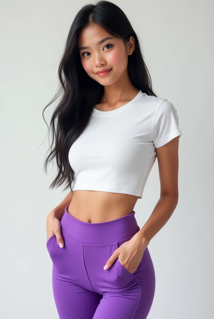 Malay girl 25 years, purple legging, white fittnes tshirt, long black hair,
