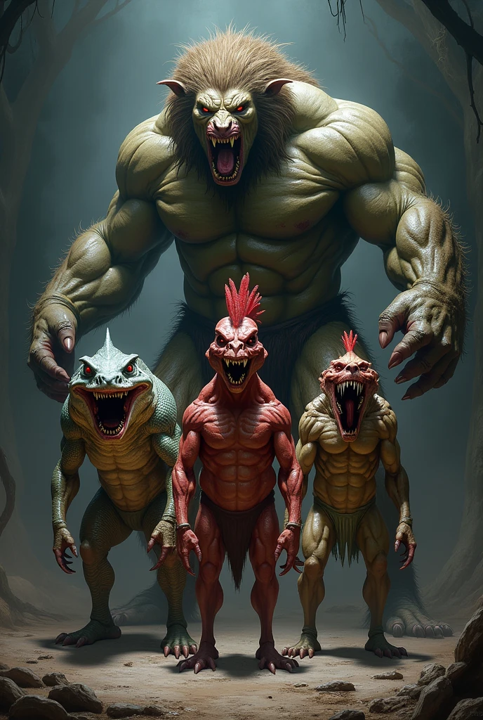King Shark, a large bloodthirsty human lizard with a lizard face and a large body, a red rooster like Hulk, a huge human lion like a demon, and other such terrifying human animals are lined up in one picture.