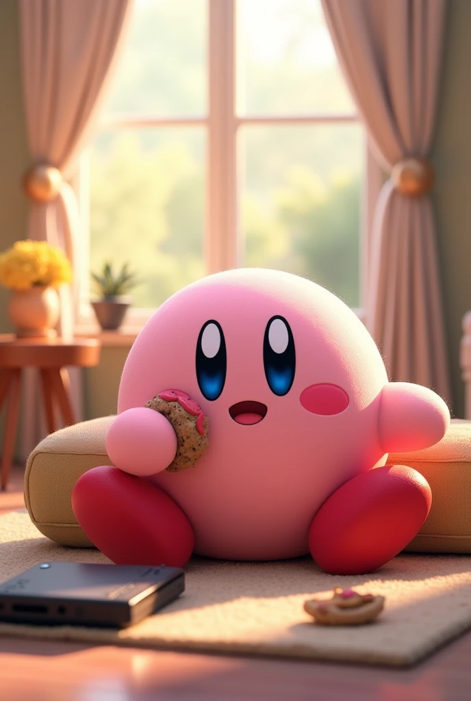 Kirby hanging out, while eating food and playing games on the Nintendo Switch, High Resolution, High Quality, High Details, HD Model, 