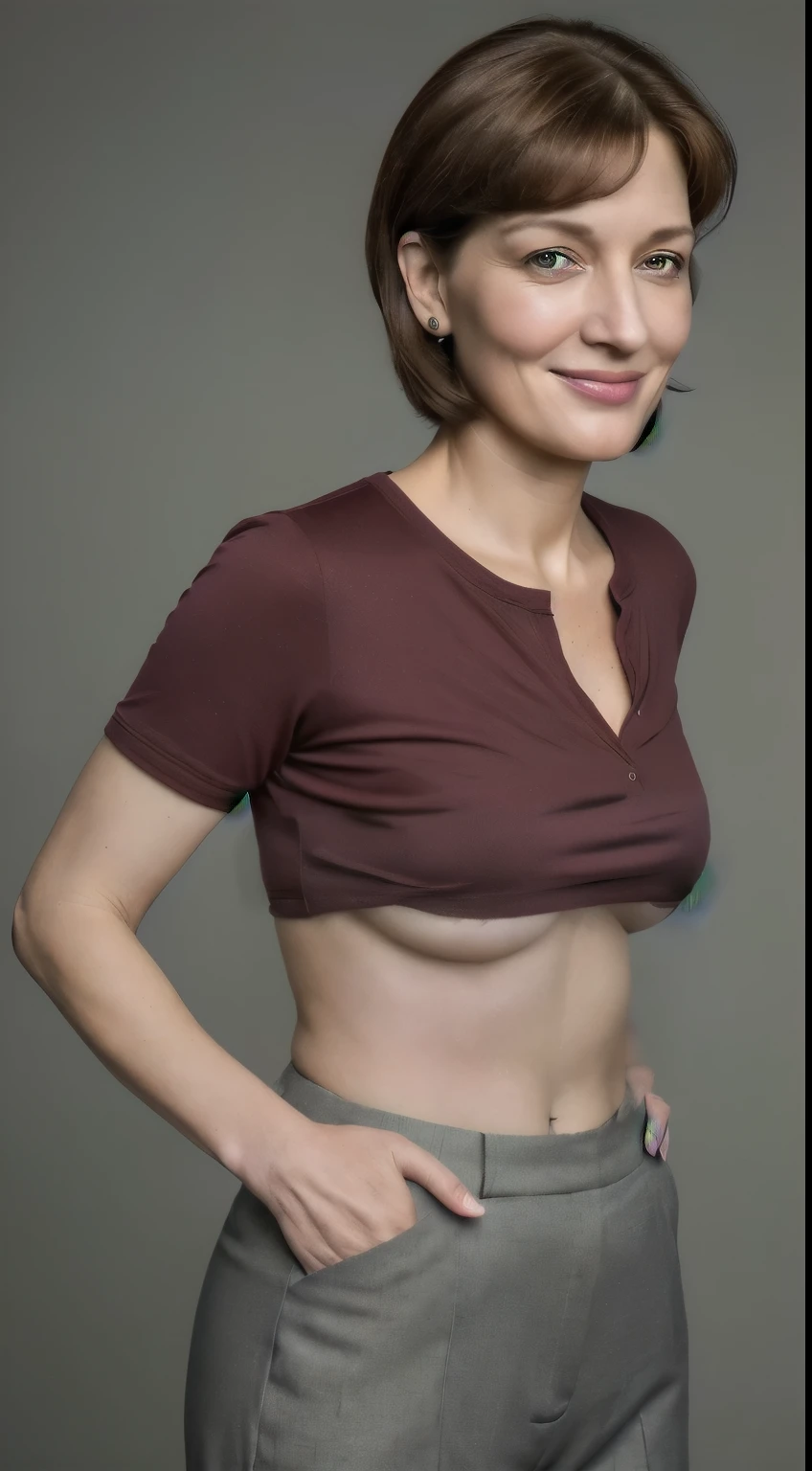 smiling woman with short brown hair and red shirt with dark green slacks, saggy tits, underboob, 40 years old, with very thin lips, casually dressed, entire body visible, full body, hyperrealistic, best quality, 8K, real human skin, masterpiece, extremely intricate, medium closeup, detailed eyes, detailed face, detailed body, exaggerated features, pronounced features