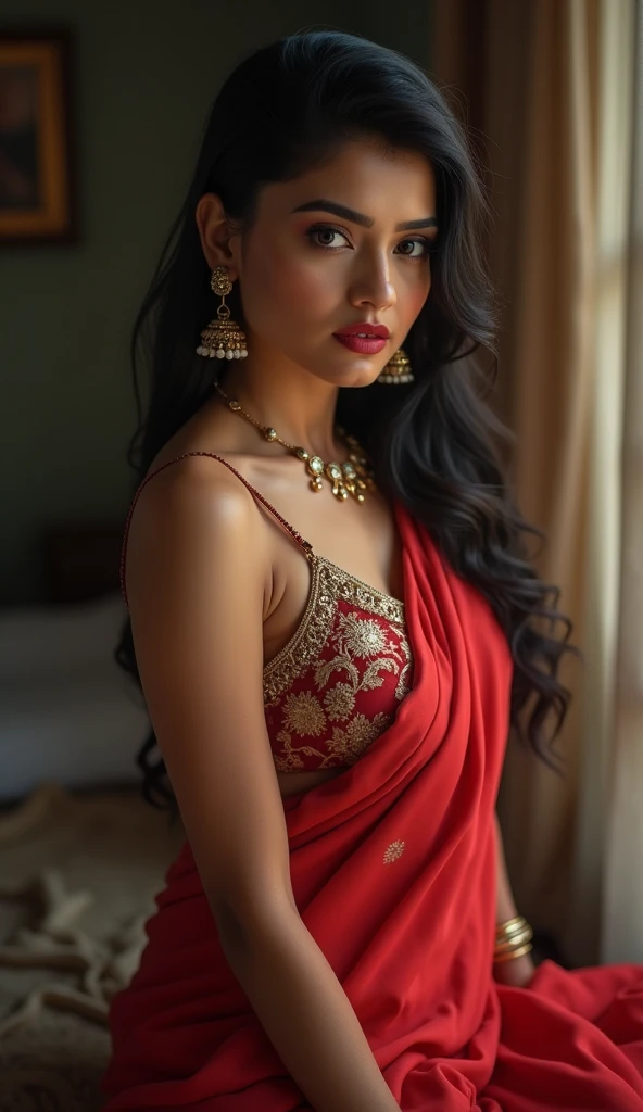 wolf cut hairstyle erotic hindu wife, facing the camera, wide angle camera view, super sexy legs, super big fake lips red lipstick, super delicious average body, saree bra, average body, super lower saree, huge boobs, huge breast,