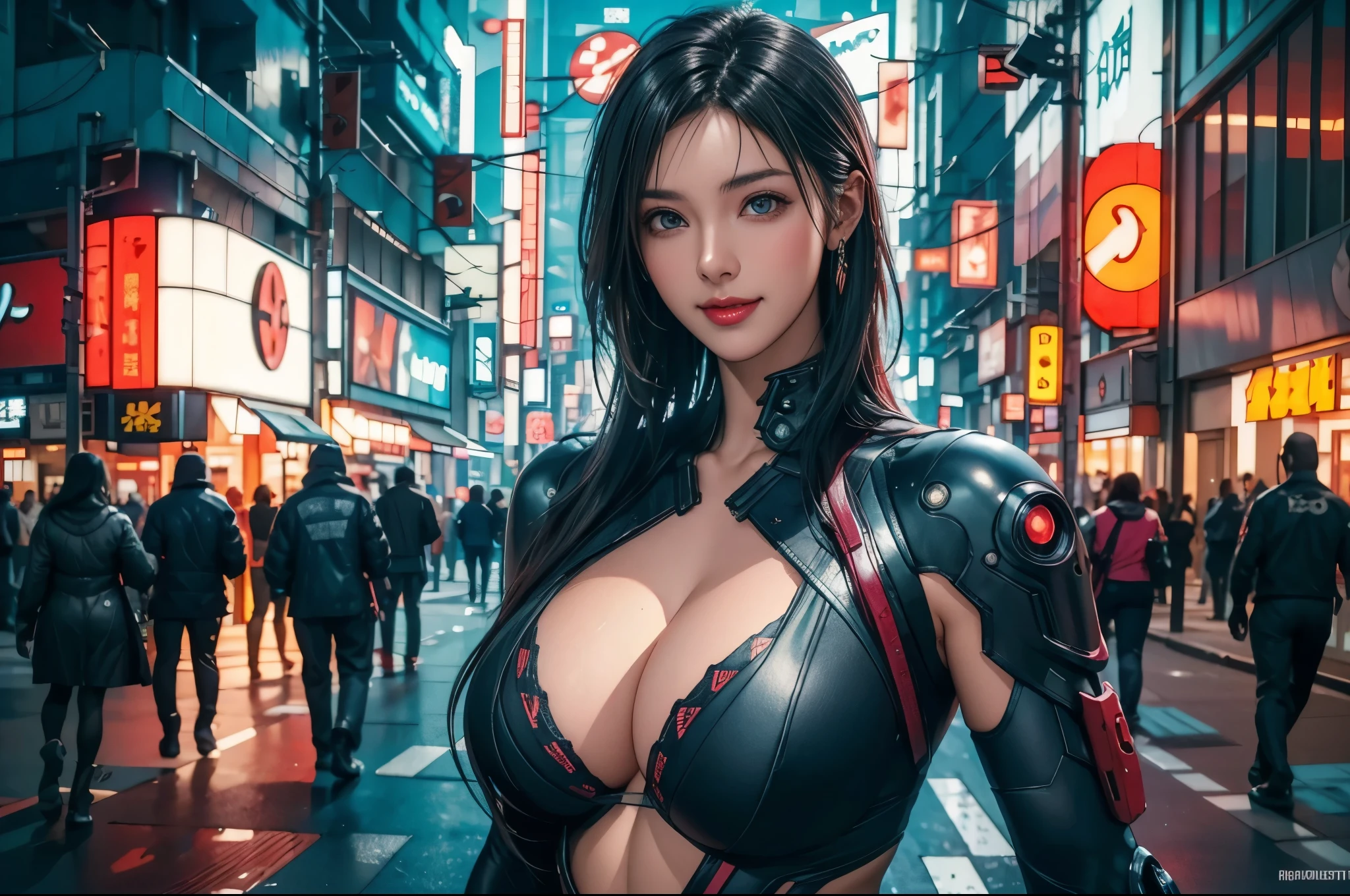 (cyberpunk world war 3), (RAW photo), (Realistic), (photo-realistic), ultra high resolution, masterpiece, highest quality, perfect lighting, detailed lighting, dramatic shadow, ray tracing, one Japanese beautiful girl, ((solo:1.2)), Voluptuous body, cleavage, symmetrical eyes, (((beautiful detailed eyes))), chubby lips, red lips, Super high resolution perfect beautiful teeth, big tits, big ass, big thick thighs, long straight hair, black hair, earrings, half open mouth, smiling, looking at viewer, (cyberpunk combat suit:1.2), upper body shot, cyberpunk street, night, neon lights,