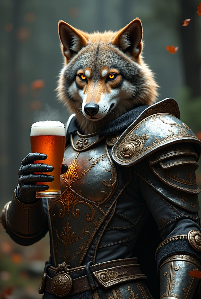Wolf in full armor, holding a beer, anthropomorphic, super detail, ultra hd, 8k, real life, maximum facial detail, cinematic lighting