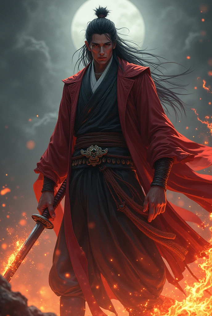 Make kokushibo anime character into human with a Katana with flame
