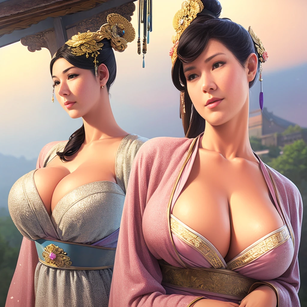  a beautiful girl ，Put on gorgeous Hanfu， Chinese style architecture， Landscape realistic skin， Realistic body， intricate details）Cleavage realistic skin， Realistic body， intricate details）head， Rich facial details， Charming eyes
