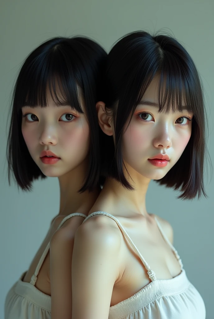 (masterpiece:1.3), (8k, Photoreal, Raw photo, best image quality: 1.4), Japanese high school girl、(random hairstyle:1.2)、super detail face、eye for details、double eyelid、sharp focus:1.2、Beautiful woman:1.4、超A high resolution、(Photoreal:1.4)、Highly detailed and professionally lit smiles、shoulder out、thin、serious expression、short haired、deadly position
similar identical twins
All the girls have the exact same face, The two have the same face and figure, as if they were mirror images.