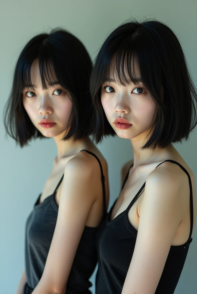 (masterpiece:1.3), (8k, Photoreal, Raw photo, best image quality: 1.4), Japanese high school girl、(random hairstyle:1.2)、super detail face、eye for details、double eyelid、sharp focus:1.2、Beautiful woman:1.4、超A high resolution、(Photoreal:1.4)、Highly detailed and professionally lit smiles、shoulder out、thin、serious expression、short haired、deadly position
similar identical twins
All the girls have the exact same face, The two have the same face and figure, as if they were mirror images.